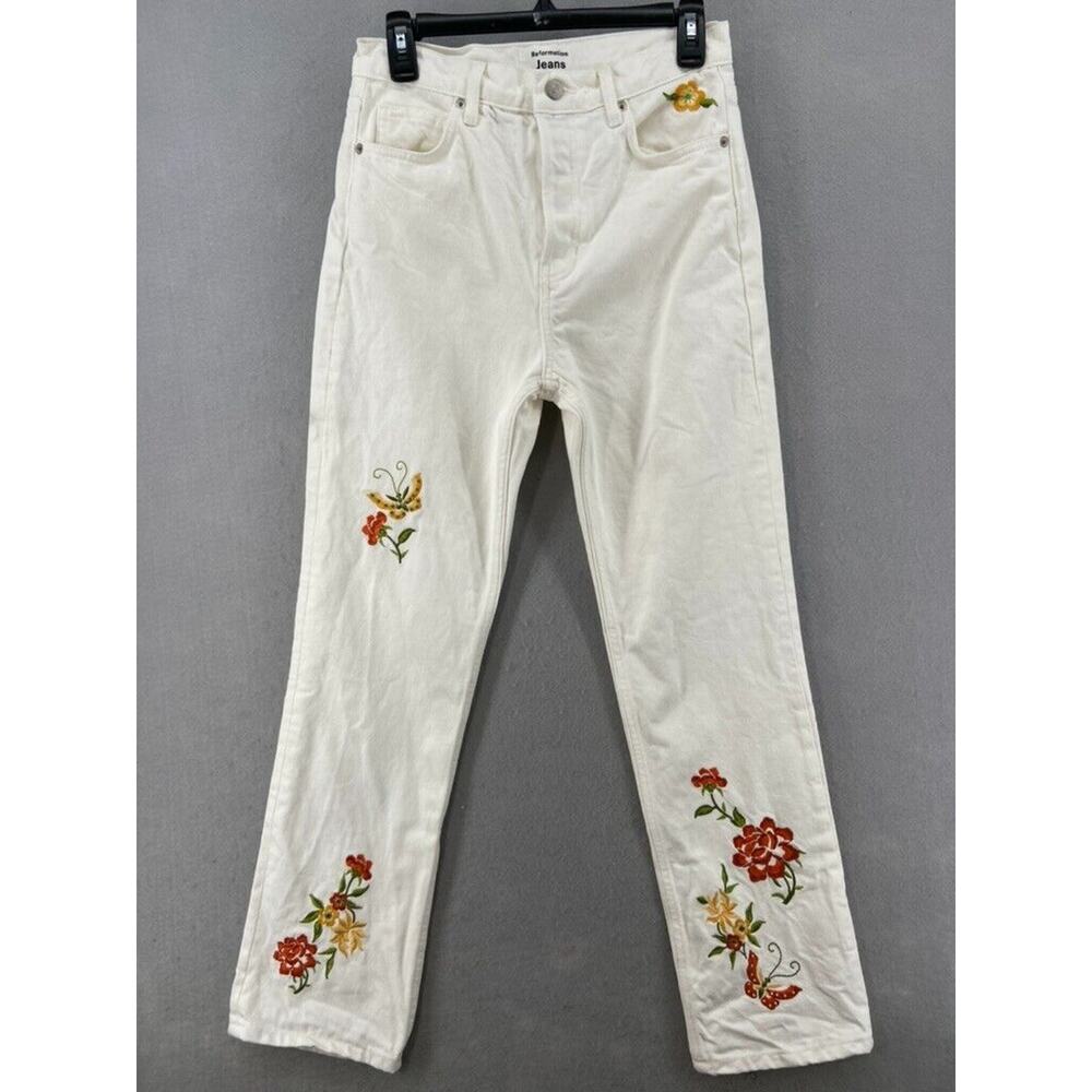 Reformation Jeans Women‎ 27 White Cynthia High Rise Straight Flora Embroidered